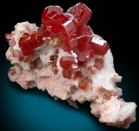 Vanadinite on Barite with Calcite from Mibladen, Haute Moulouya Basin, Zeida-Aouli-Mibladen belt, Midelt Province, Morocco