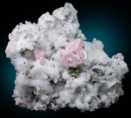 Rhodochrosite on Quartz with Pyrite from American Tunnel, Sunnyside Mine, Eureka District, San Juan County, Colorado