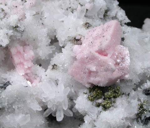 Rhodochrosite on Quartz with Pyrite from American Tunnel, Sunnyside Mine, Eureka District, San Juan County, Colorado