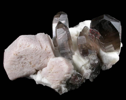 Quartz var. Smoky Quartz on Microcline and Albite from Crystal Peak area, 6.5 km northeast of Lake George, Park-Teller Counties, Colorado