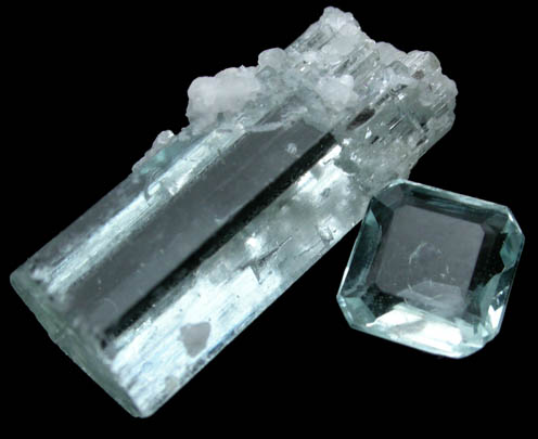 Beryl var. Aquamarine (5.03 ct. crystal with 0.83 faceted gemstone) from Skardu District, Gilgit-Baltistan, Pakistan