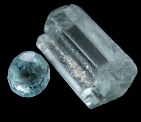 Beryl var. Aquamarine (2.84 ct. crystal with 0.40 faceted gemstone) from Skardu District, Gilgit-Baltistan, Pakistan