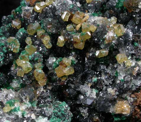 Powellite, Brochantite, Cuprite, Quartz from Chuquicamata Mine, 15 km north of Calama, Antofagasta, Chile