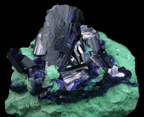 Azurite on Arsentsumebite from Tsumeb Mine, Otavi-Bergland District, Oshikoto, Namibia (Type Locality for Arsentsumebite)