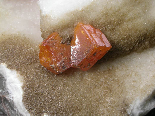 Wulfenite on Calcite with Descloizite from Sierra de Los Lamentos, Chihuahua, Mexico