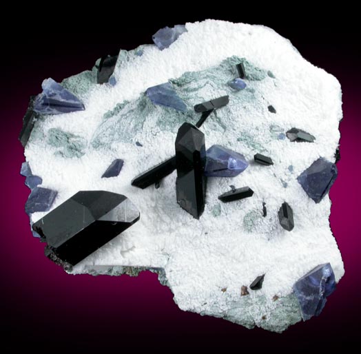 Benitoite, Neptunite, Joaquinite-(Ce) on Natrolite from Benitoite Gem Mine, New Idria District, San Benito County, California (Type Locality for Benitoite and Joaquinite-(Ce))