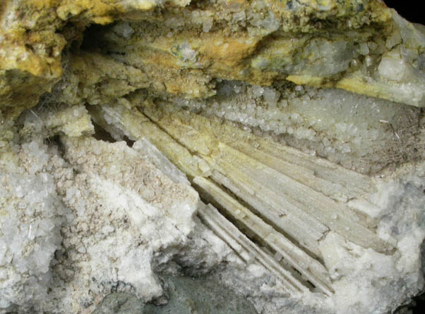 Greenockite on Calcite, Prehnite, Natrolite with quartz casts after Anhydrite from Prospect Park Quarry, Prospect Park, Passaic County, New Jersey