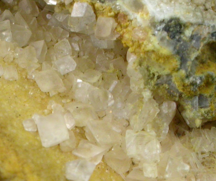 Greenockite on Calcite, Prehnite, Natrolite with quartz casts after Anhydrite from Prospect Park Quarry, Prospect Park, Passaic County, New Jersey