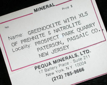 Greenockite on Calcite, Prehnite, Natrolite with quartz casts after Anhydrite from Prospect Park Quarry, Prospect Park, Passaic County, New Jersey