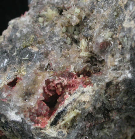 Klebelsbergite with Valentinite, Quartz on Stibnite from Pereta Mine, Grosseto, Toscana, Italy