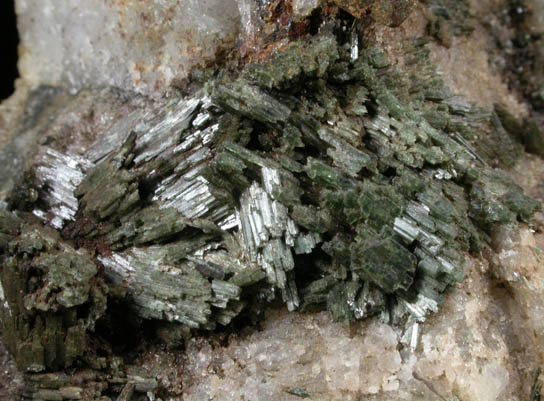 Actinolite on Quartz with Pyrrhotite and Pyrite from Acton Silver Mining District, York County, Maine