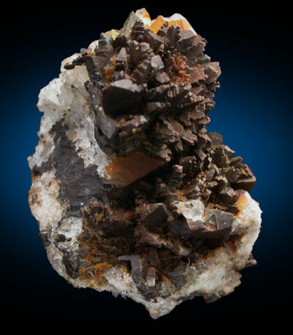 Goethite pseudomorphs after Marcasite over Fluorite from Masson Hill Quarry, Matlock, Derbyshire, England
