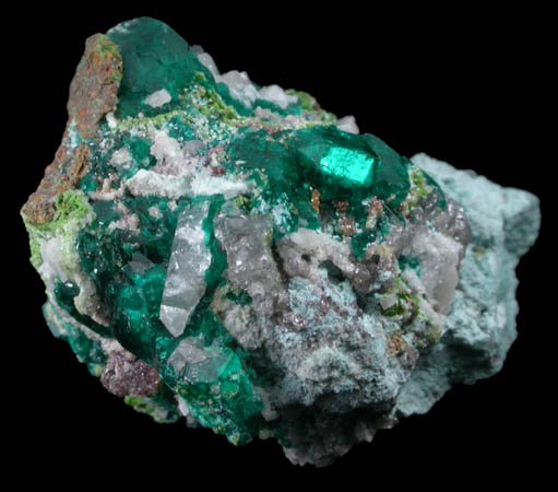 Dioptase, Calcite, Duftite, Plancheite from Tsumeb Mine, Otavi-Bergland District, Oshikoto, Namibia (Type Locality for Duftite)