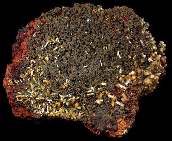 Wulfenite (pseudo-scalenohedral crystals) with Mimetite and Calcite from Mina Ojuela, San Juan Poniente Vein, Level 6, Mapimi, Durango, Mexico