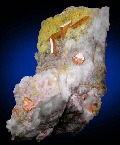 Wulfenite on Barite with Mimetite from Rowley Mine, 20 km northwest of Theba, Painted Rock Mountains, Maricopa County, Arizona