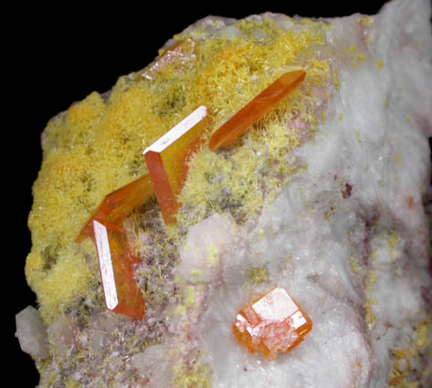 Wulfenite on Barite with Mimetite from Rowley Mine, 20 km northwest of Theba, Painted Rock Mountains, Maricopa County, Arizona