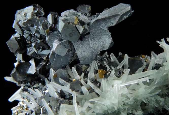 Galena (plate-like skeletal crystals) with Sphalerite and Chalcopyrite on Quartz from Deveti Septemvri Mine, Madan District, Rhodope Mountains, Bulgaria