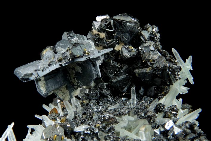 Galena (plate-like skeletal crystals) with Sphalerite and Chalcopyrite on Quartz from Deveti Septemvri Mine, Madan District, Rhodope Mountains, Bulgaria