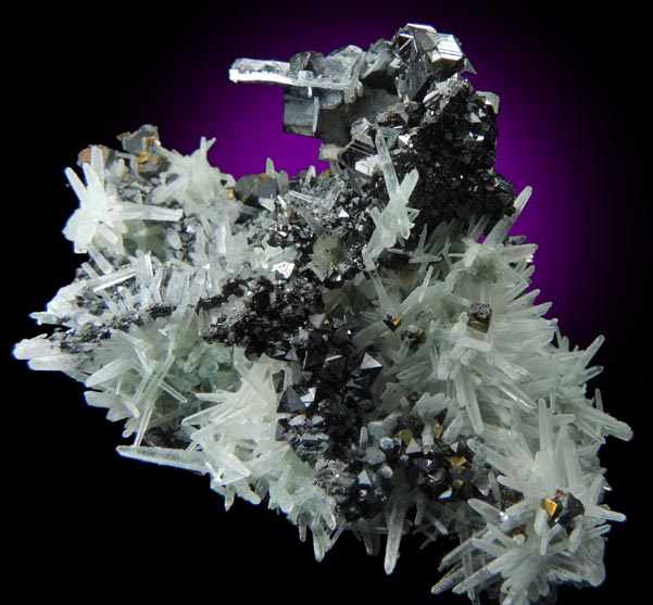 Galena (plate-like skeletal crystals) with Sphalerite and Chalcopyrite on Quartz from Deveti Septemvri Mine, Madan District, Rhodope Mountains, Bulgaria