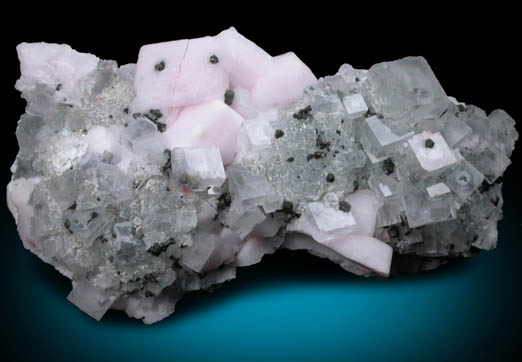 Fluorite on Calcite var. Manganoan with Pyrite from Huanzala Mine, Huallanca District, Huanuco Department, Peru