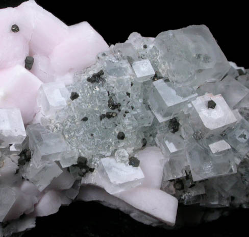 Fluorite on Calcite var. Manganoan with Pyrite from Huanzala Mine, Huallanca District, Huanuco Department, Peru