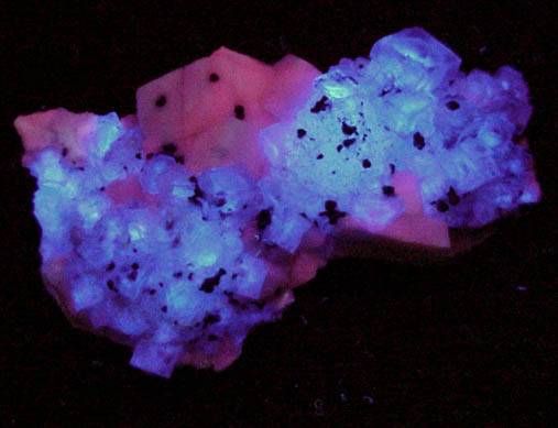 Fluorite on Calcite var. Manganoan with Pyrite from Huanzala Mine, Huallanca District, Huanuco Department, Peru