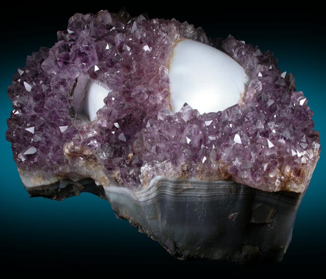 Quartz var. Amethyst over hemispherical Agate Eye from Irai, Rio Grande do Sul, Brazil