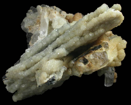 Wavellite coating Wolframite and Quartz from Llallagua, Bustillos Province, Potosi Department, Bolivia