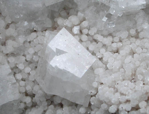 Chabazite and Thomsonite over Calcite from Craigs Quarry, Ballymena, County Antrim, Northern Ireland