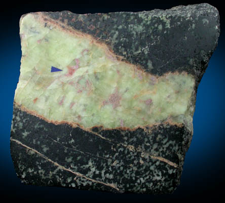 Sarkinite in green Willemite vein in Franklinite from Franklin, Sussex County, New Jersey (Type Locality for Franklinite)