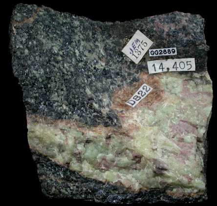 Sarkinite in green Willemite vein in Franklinite from Franklin, Sussex County, New Jersey (Type Locality for Franklinite)