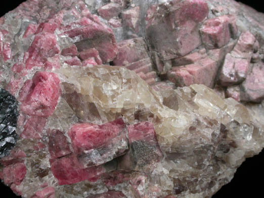 Rhodonite and Fluorite with Calcite from Franklin, Sussex County, New Jersey