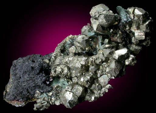 Pyrite on Magnetite with Actinolite var. Byssolite from French Creek Iron Mines, St. Peters, Chester County, Pennsylvania