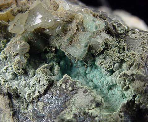 Chrysocolla and Bornite in Calcite from Weldon's Stone Quarry, Scotch Plains, New Jersey