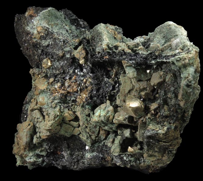 Chalcopyrite, Pyrite, Magnetite, Actinolite var. Byssolite from French Creek Iron Mines, St. Peters, Chester County, Pennsylvania