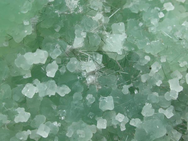 Prehnite over Thaumasite with Apophyllite and Actinolite var. Byssolite from Fairfax Quarry, 6.4 km west of Centreville, Fairfax County, Virginia