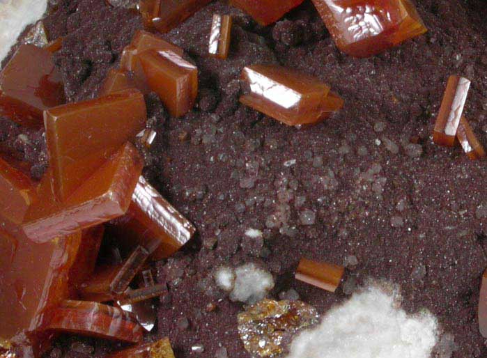 Wulfenite on Calcite and Vanadinite var. Endlichite from Sierra de Los Lamentos, Chihuahua, Mexico