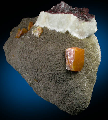 Wulfenite and Vanadinite on Calcite from Erupcion/Ahumada Mine, Sierra de Los Lamentos, Chihuahua, Mexico