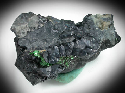 Torbernite on Heterogenite from Shinkolobwe Mine, 22 km WSW of Likasi, Katanga Copperbelt, Haut-Katanga Province, Democratic Republic of the Congo