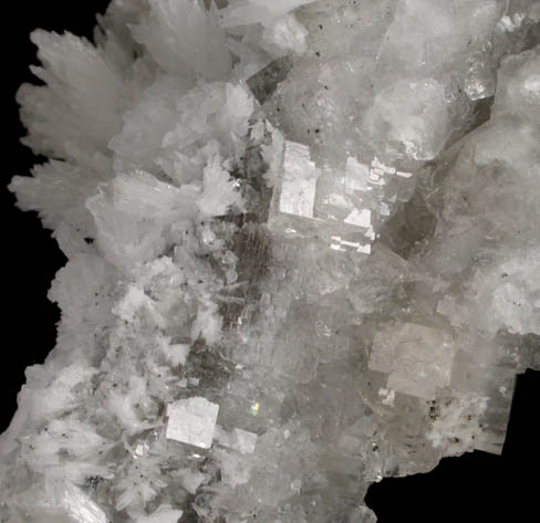Strontianite on Fluorite with Sphalerite from Friarfold Vein, Hard Level, Old Gang, Swaledale, North Yorkshire, England