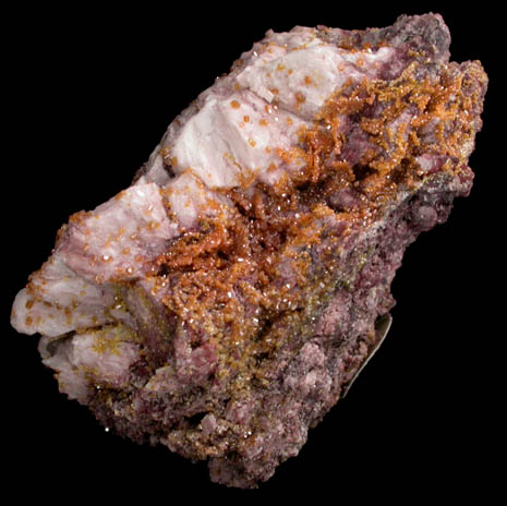 Vanadinite pseudomorphs after Wulfenite on Barite from Rowley Mine, 20 km northwest of Theba, Painted Rock Mountains, Maricopa County, Arizona