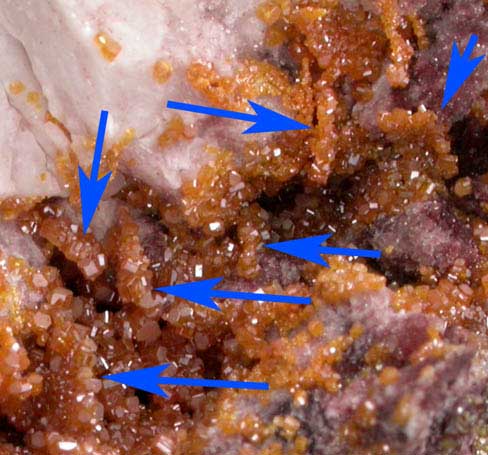 Vanadinite pseudomorphs after Wulfenite on Barite from Rowley Mine, 20 km northwest of Theba, Painted Rock Mountains, Maricopa County, Arizona