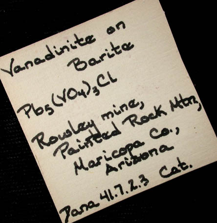 Vanadinite pseudomorphs after Wulfenite on Barite from Rowley Mine, 20 km northwest of Theba, Painted Rock Mountains, Maricopa County, Arizona