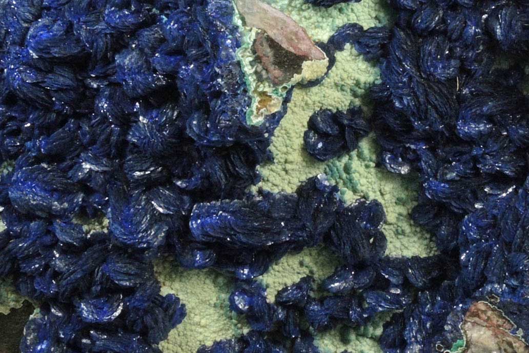 Azurite on Chrysocolla with Malachite from Morenci Mine, Clifton District, Greenlee County, Arizona