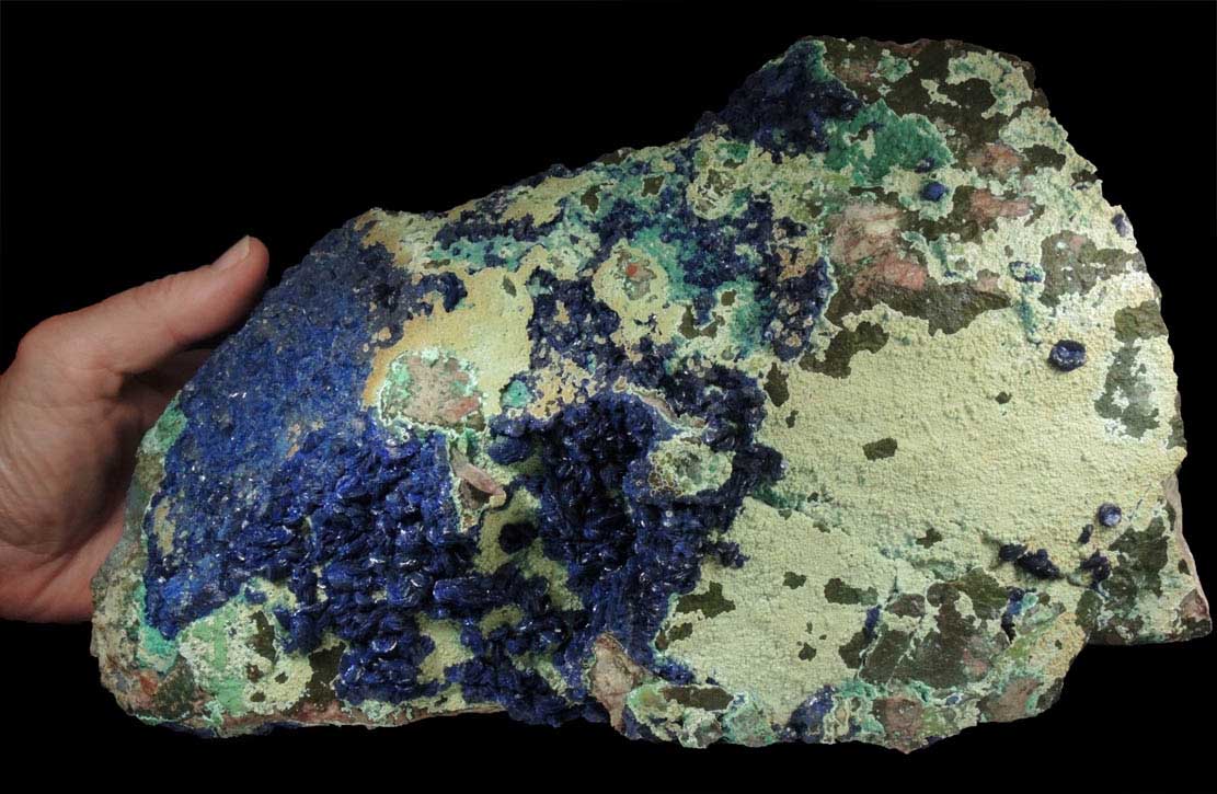Azurite on Chrysocolla with Malachite from Morenci Mine, Clifton District, Greenlee County, Arizona