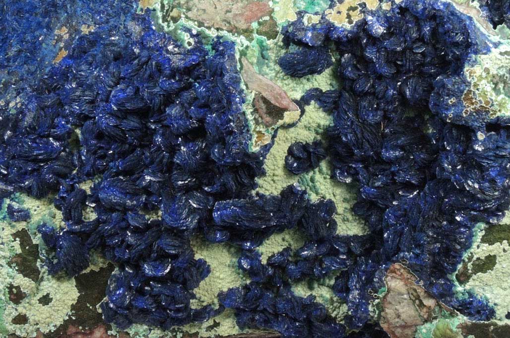 Azurite on Chrysocolla with Malachite from Morenci Mine, Clifton District, Greenlee County, Arizona