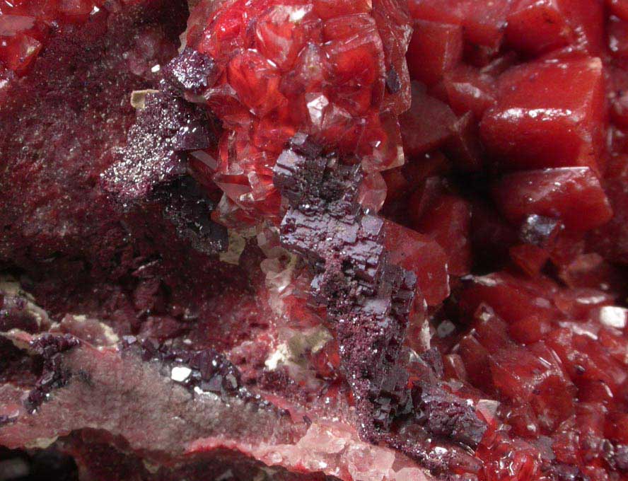 Cuprite on Calcite with Chalcotrichite inclusions from Onganja Mine, Seeis, Khomas, Namibia