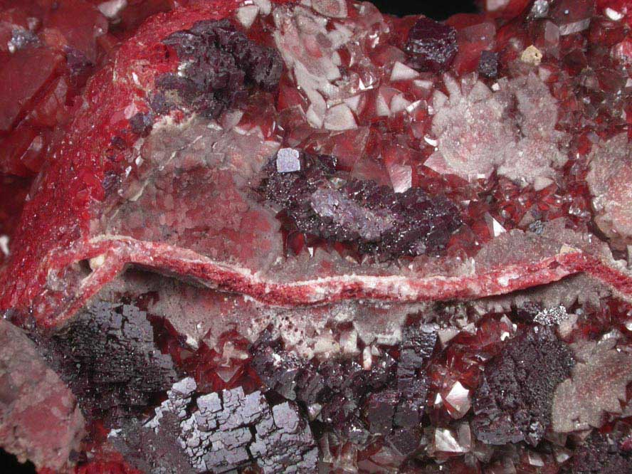 Cuprite on Calcite with Chalcotrichite inclusions from Onganja Mine, Seeis, Khomas, Namibia
