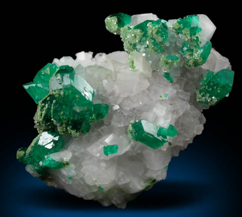 Dioptase on Calcite with Duftite from Tsumeb Mine, Otavi-Bergland District, Oshikoto, Namibia (Type Locality for Duftite)