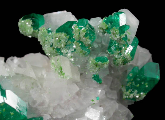 Dioptase on Calcite with Duftite from Tsumeb Mine, Otavi-Bergland District, Oshikoto, Namibia (Type Locality for Duftite)